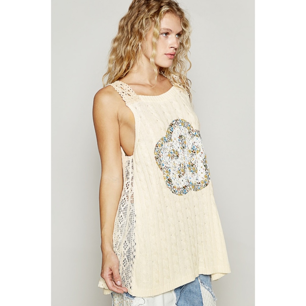 POL Cream Patchwork Sleeveless Sweater Tunic | Crochet Lace Floral Top - Picture 3 of 5